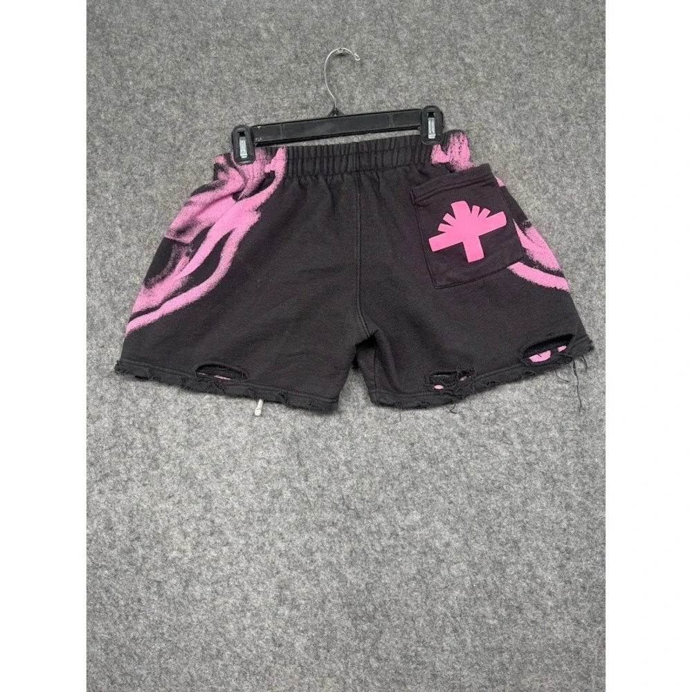 Unknown Brand Skull Print Distressed Sweat‎ Shorts Black Pink Streetwear Mens